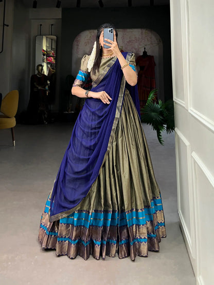 Dark Beige Poly Cotton Lehenga Choli with Zari Weaving Work