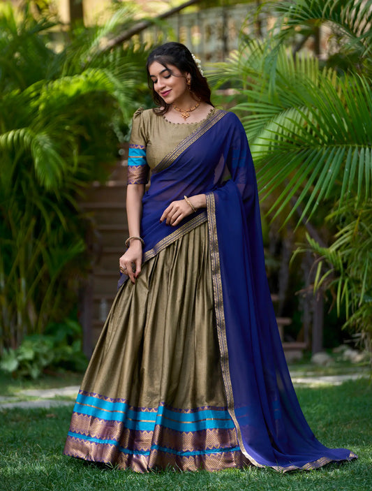 Dark Beige Poly Cotton Lehenga Choli with Zari Weaving Work