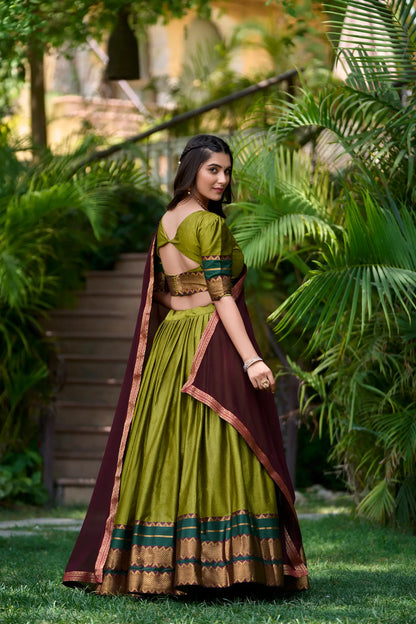 Olive Green Poly Cotton Lehenga Choli with Zari Weaving Work