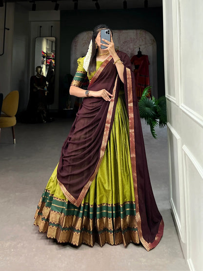 Olive Green Poly Cotton Lehenga Choli with Zari Weaving Work