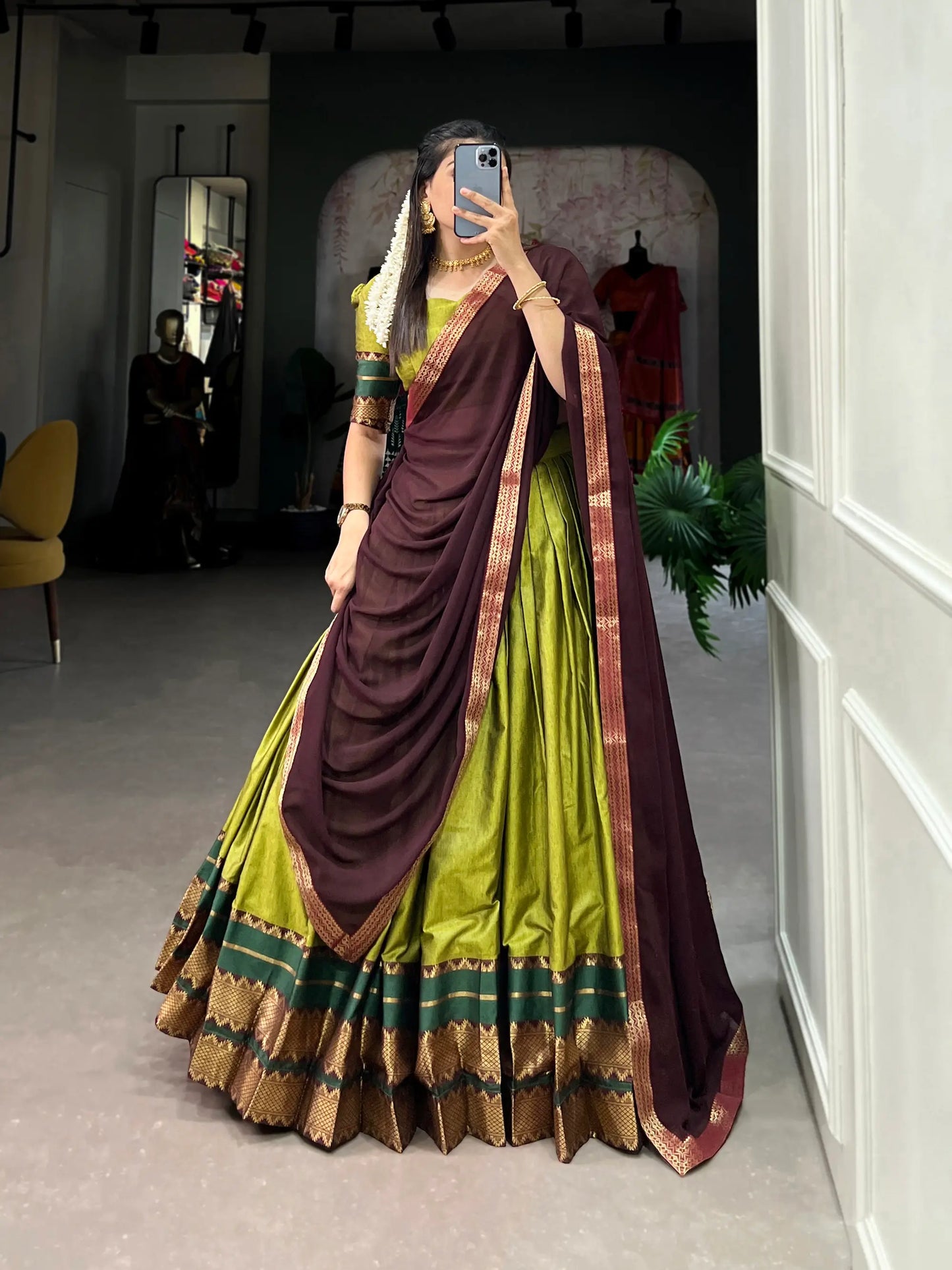 Olive Green Poly Cotton Lehenga Choli with Zari Weaving Work