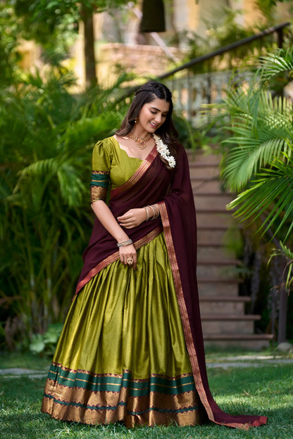 Olive Green Poly Cotton Lehenga Choli with Zari Weaving Work
