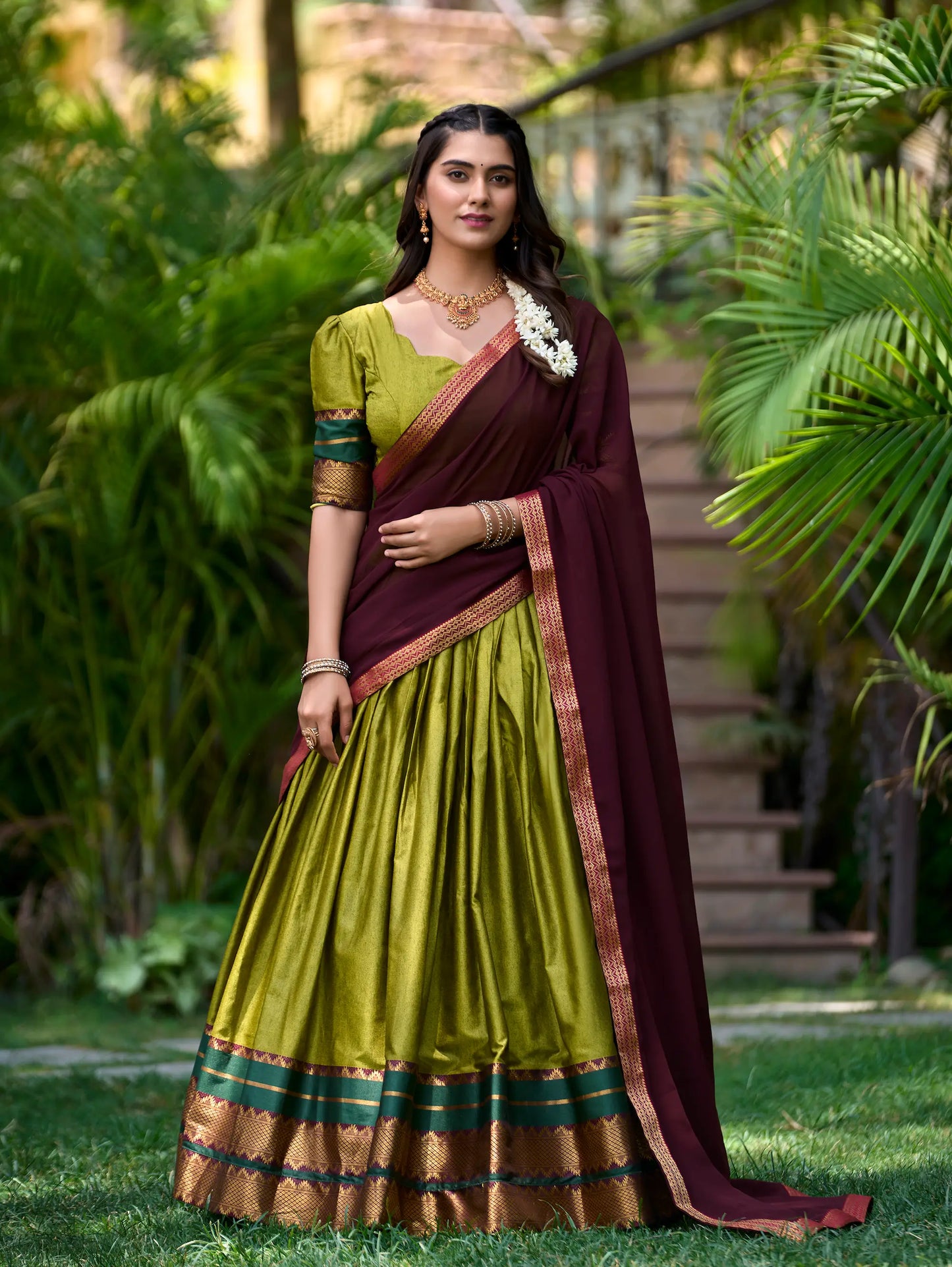 Olive Green Poly Cotton Lehenga Choli with Zari Weaving Work