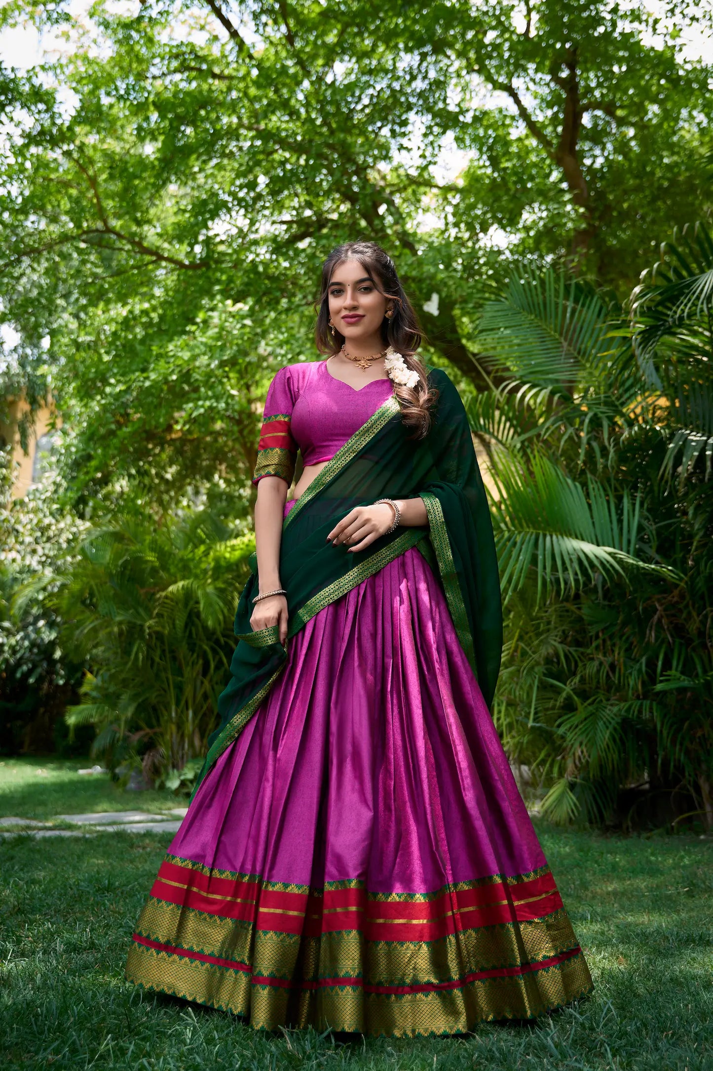 Dark Pink Poly Cotton Lehenga Choli with Zari Weaving Work