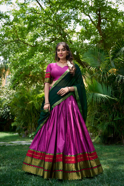 Dark Pink Poly Cotton Lehenga Choli with Zari Weaving Work