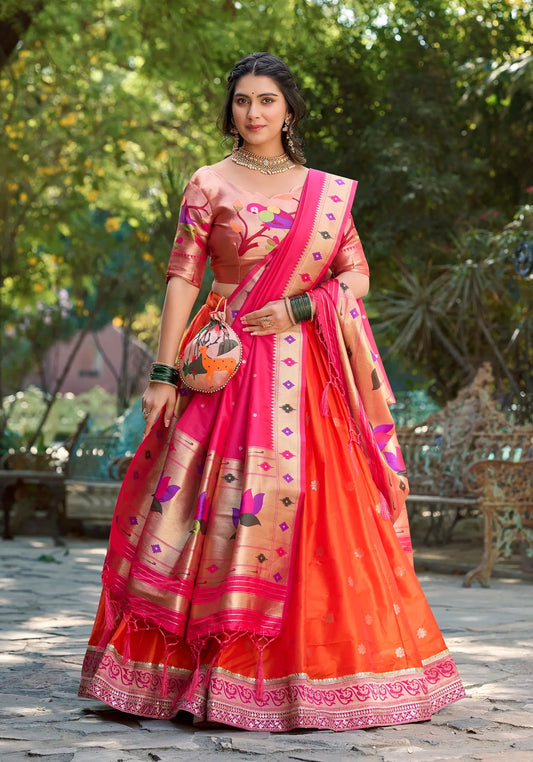 Orange Jacquard Silk Lehenga Choli With Zari Weaving  Work