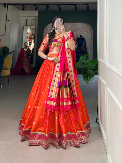 Orange Jacquard Silk Lehenga Choli With Zari Weaving  Work