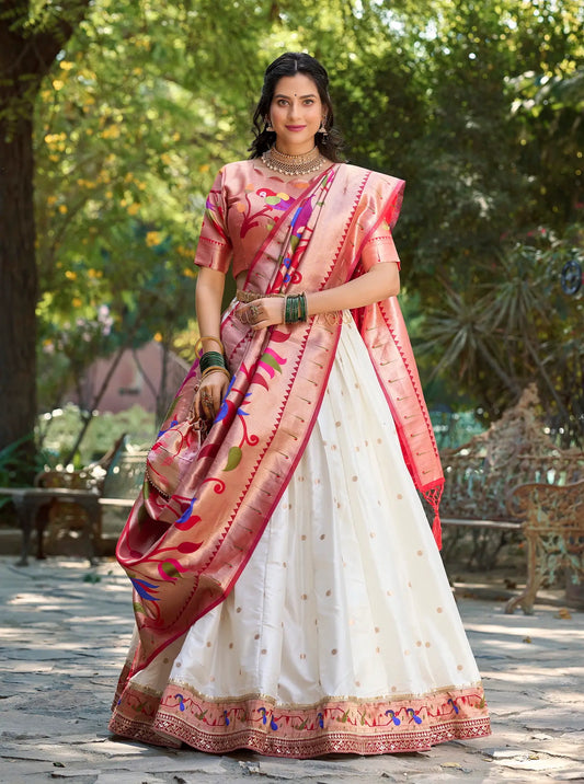White Jacquard Silk Lehenga Choli With Zari Weaving  Work