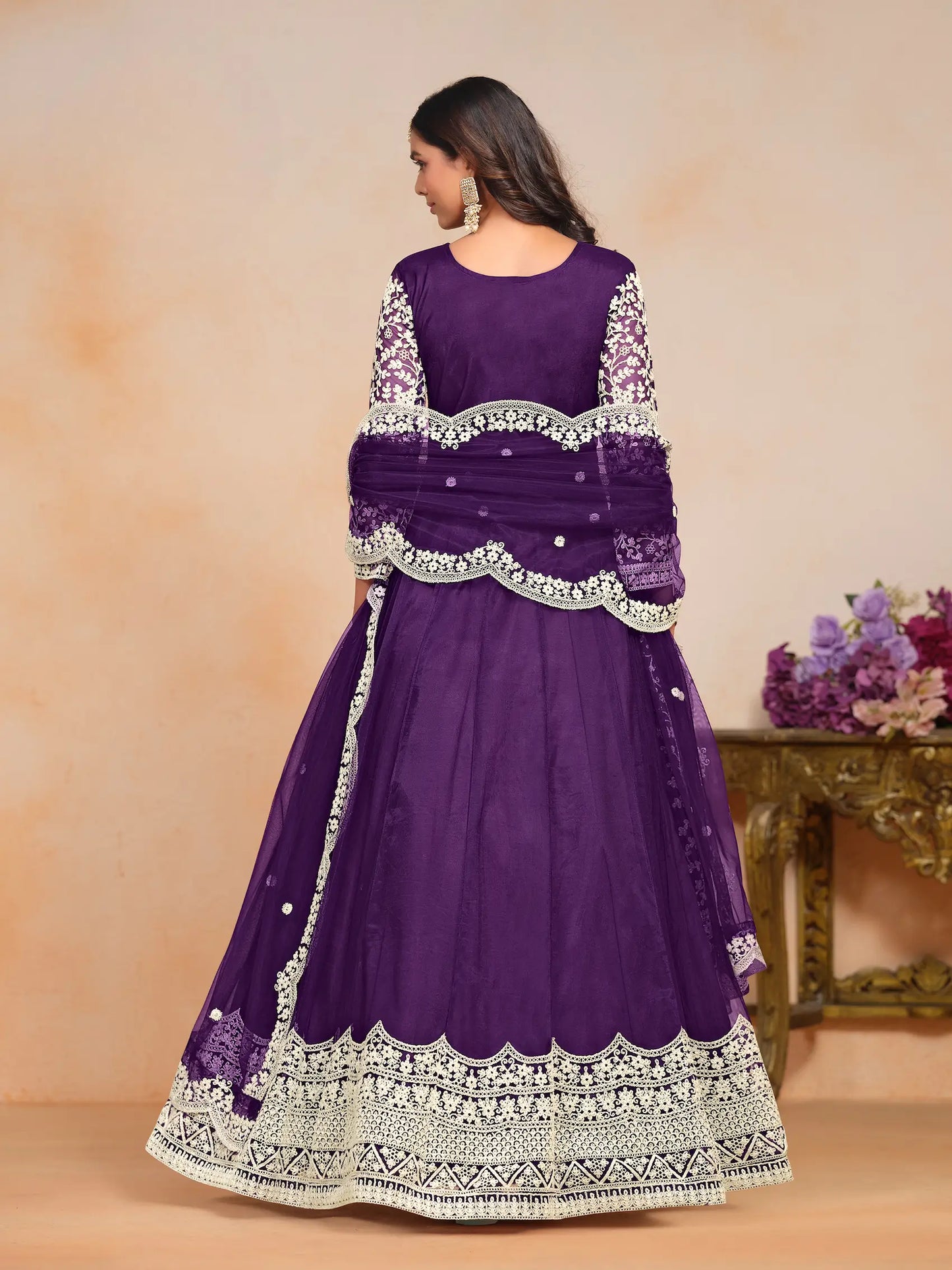 Purple Net Gown With Sequence & Thread Embroidery Work