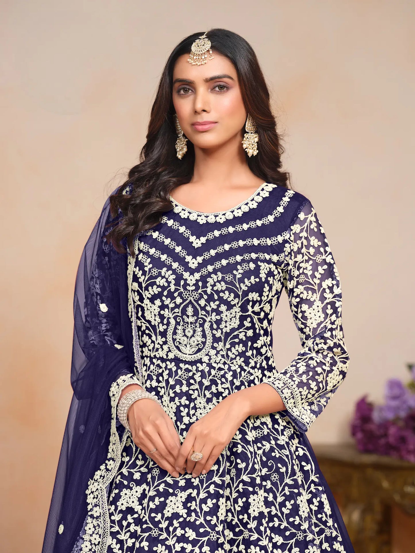 Navy Blue Net Gown With Sequence & Thread Embroidery Work