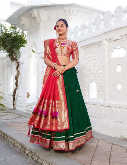 Green Vichitra Silk Paithani Lehenga Choli With Zari Weaving Work