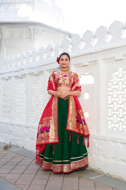 Green Vichitra Silk Paithani Lehenga Choli With Zari Weaving Work