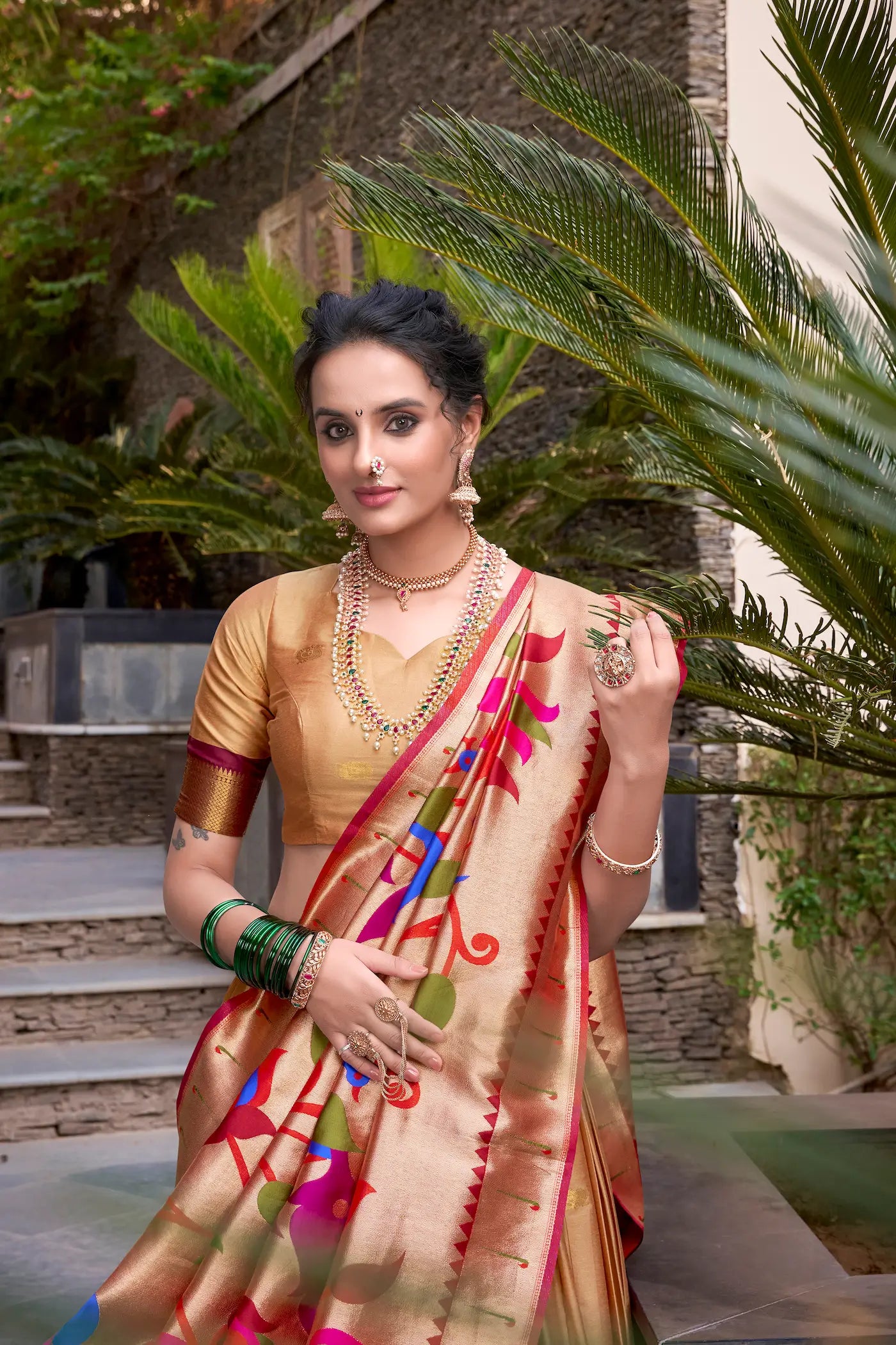 Beige Jacquard Silk Paithani Lehenga Choli With Zari Weaving Work