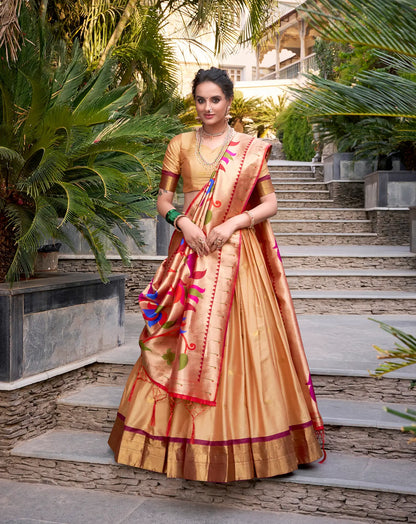 Beige Jacquard Silk Paithani Lehenga Choli With Zari Weaving Work