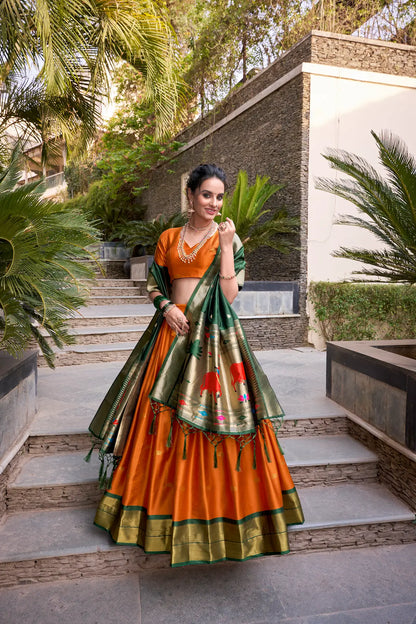 Orange Jacquard Silk Paithani Lehenga Choli With Zari Weaving Work