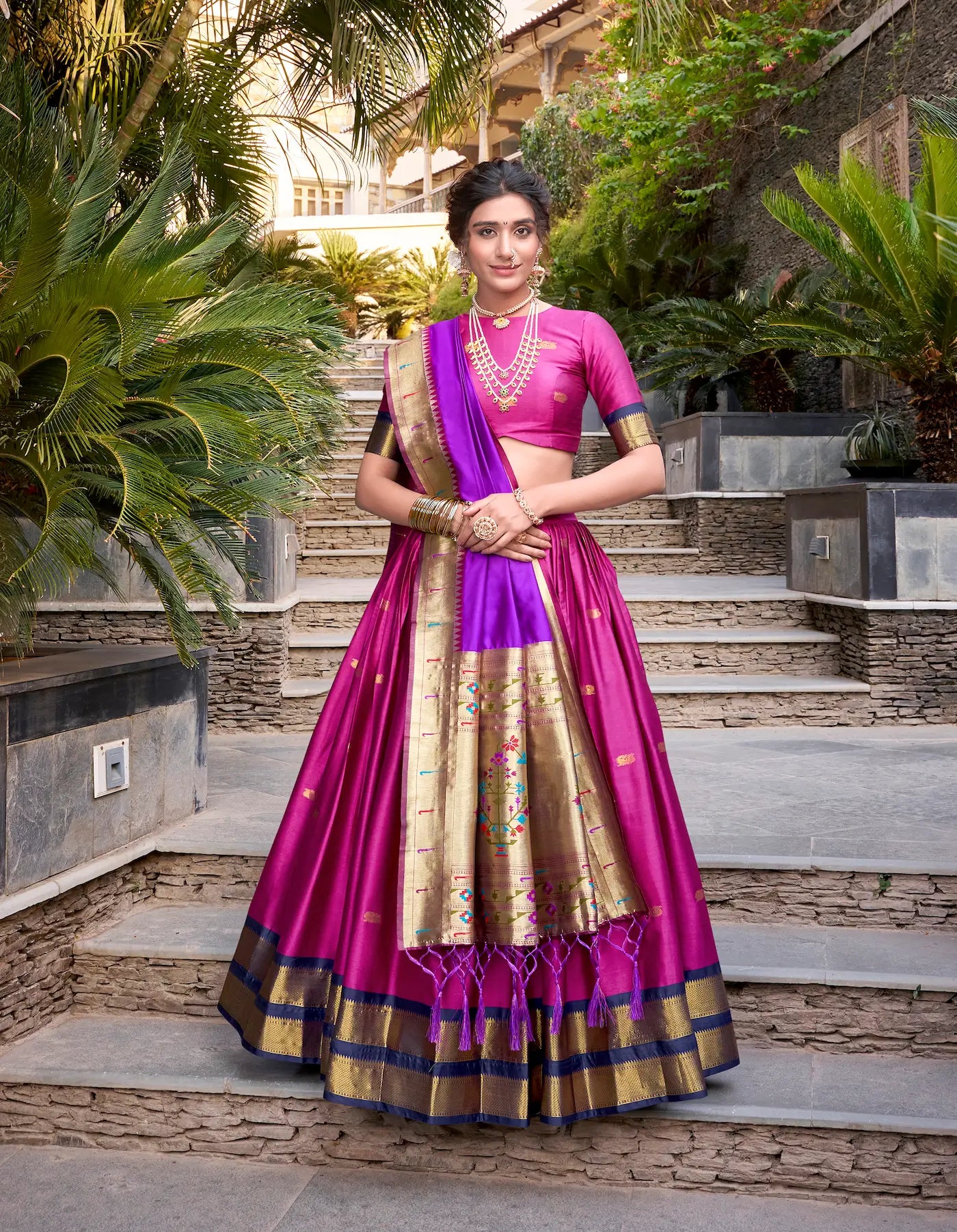 Pink Jacquard Silk Paithani Lehenga Choli With Zari Weaving Work