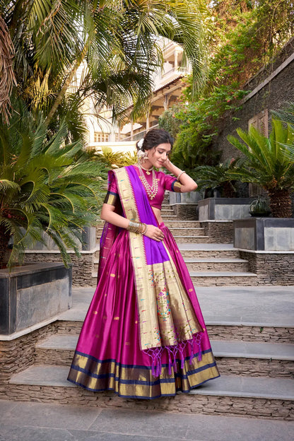 Pink Jacquard Silk Paithani Lehenga Choli With Zari Weaving Work