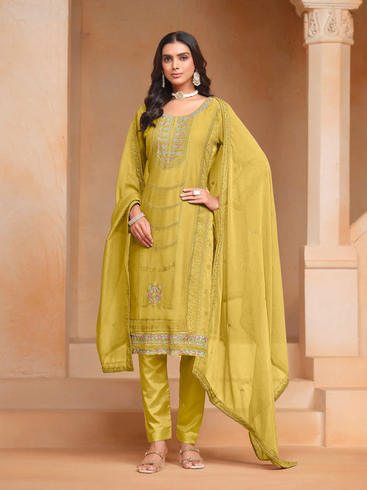 Yellow Organza Chiffon Thread & Sequence Embroidery Work Salwar Suit