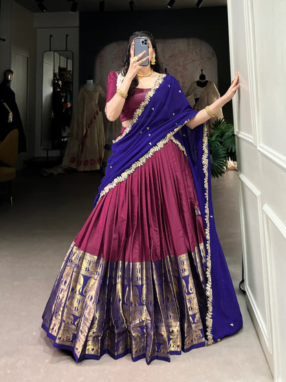 Dark Pink South Indian Lehenga choli With Zari Weaving Work & Sequins Embroidery