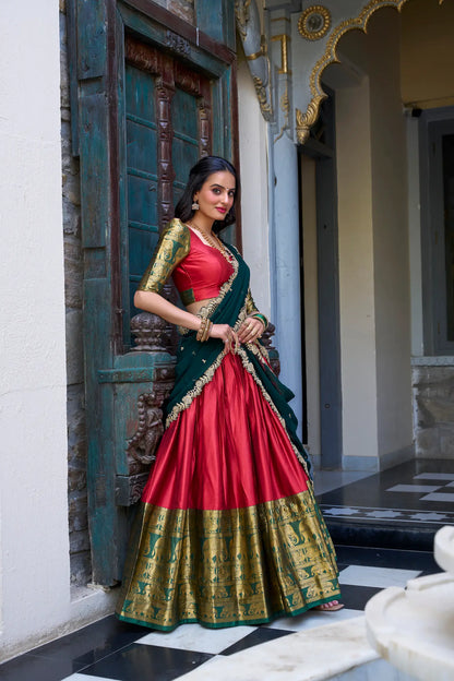 Red South Indian Lehenga choli With Zari Weaving Work & Sequins Embroidery