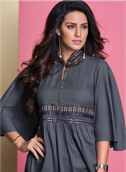 Grey Short Kurti With Embroidery Work