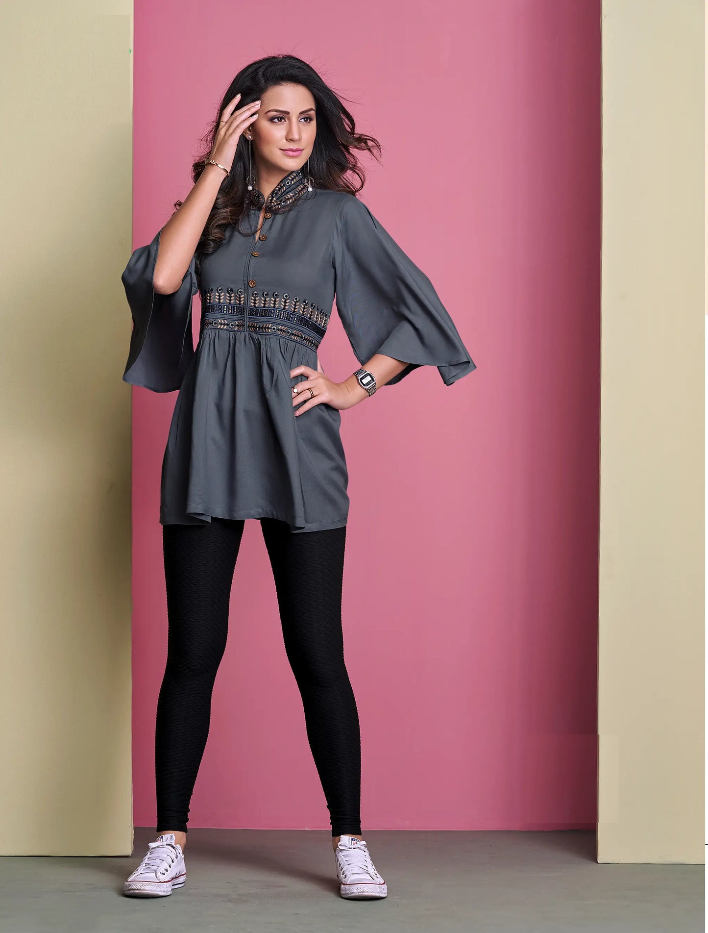 Grey Short Kurti With Embroidery Work
