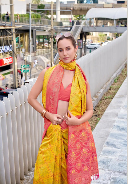 Yellow Soft Silk Bandhani Weaving Saree