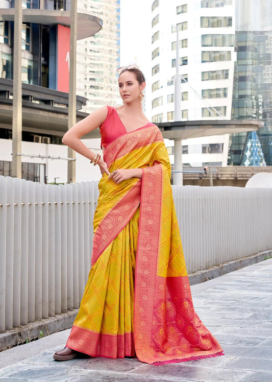Yellow Soft Silk Bandhani Weaving Saree