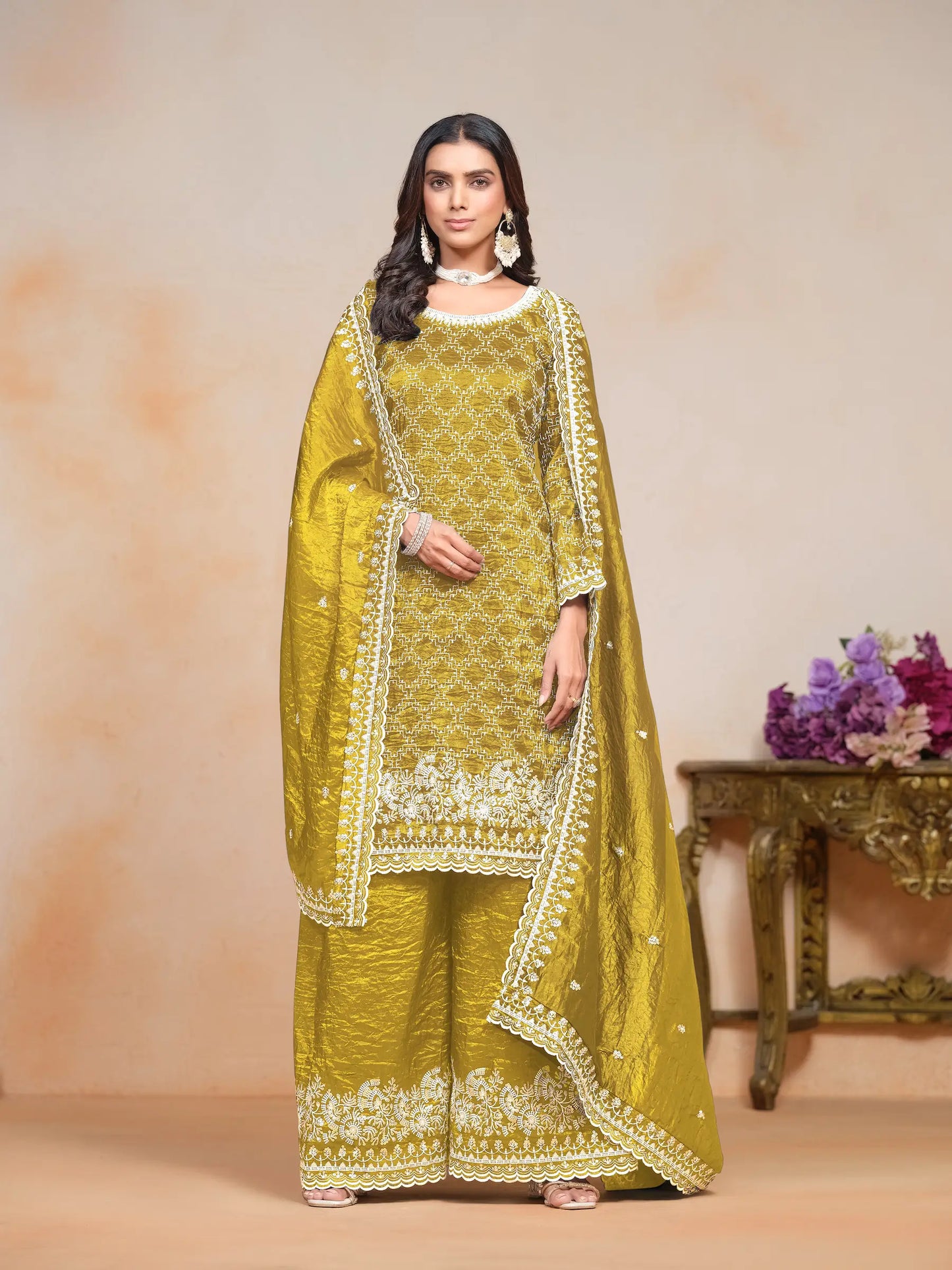 Yellow Gold Crush Thread & Sequence Embroidery Work Palazzo Suit