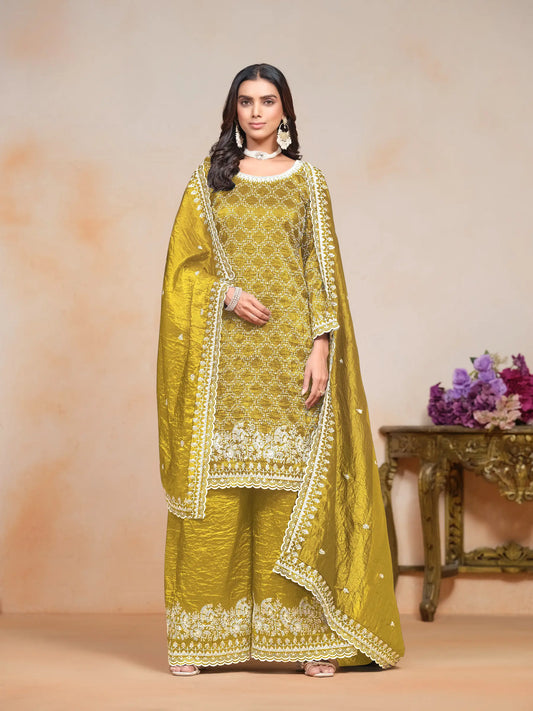 Yellow Gold Crush Thread & Sequence Embroidery Work Palazzo Suit