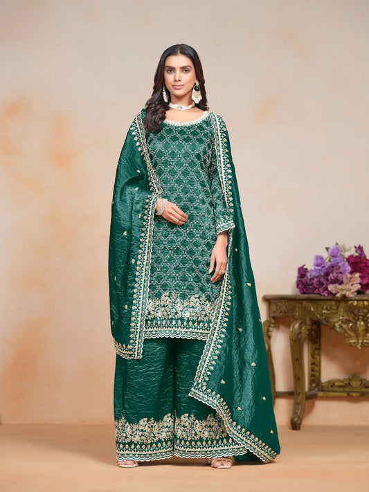 Green Gold Crush Thread & Sequence Embroidery Work Palazzo Suit