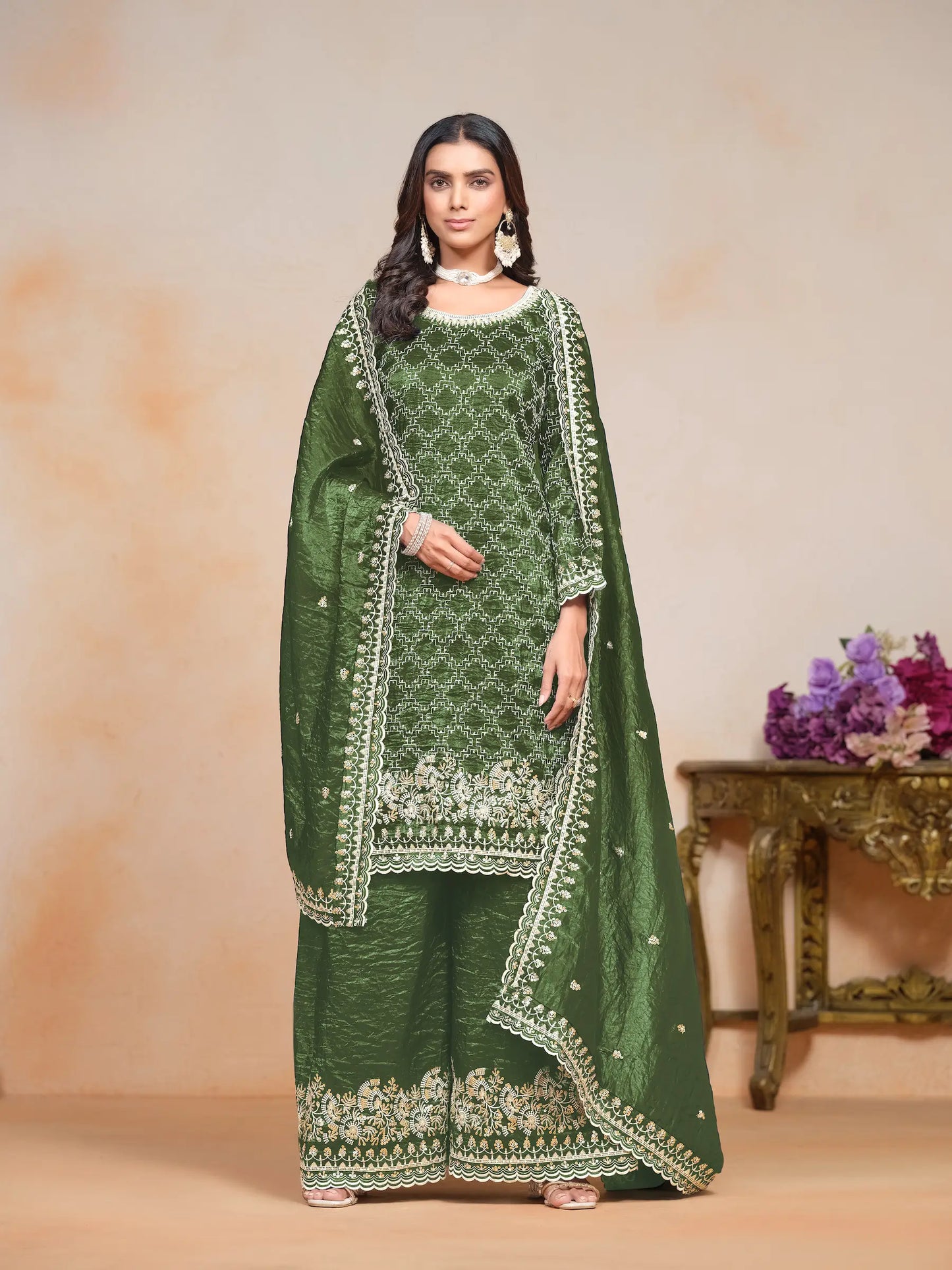 Olive Green Gold Crush Thread & Sequence Embroidery Work Palazzo Suit