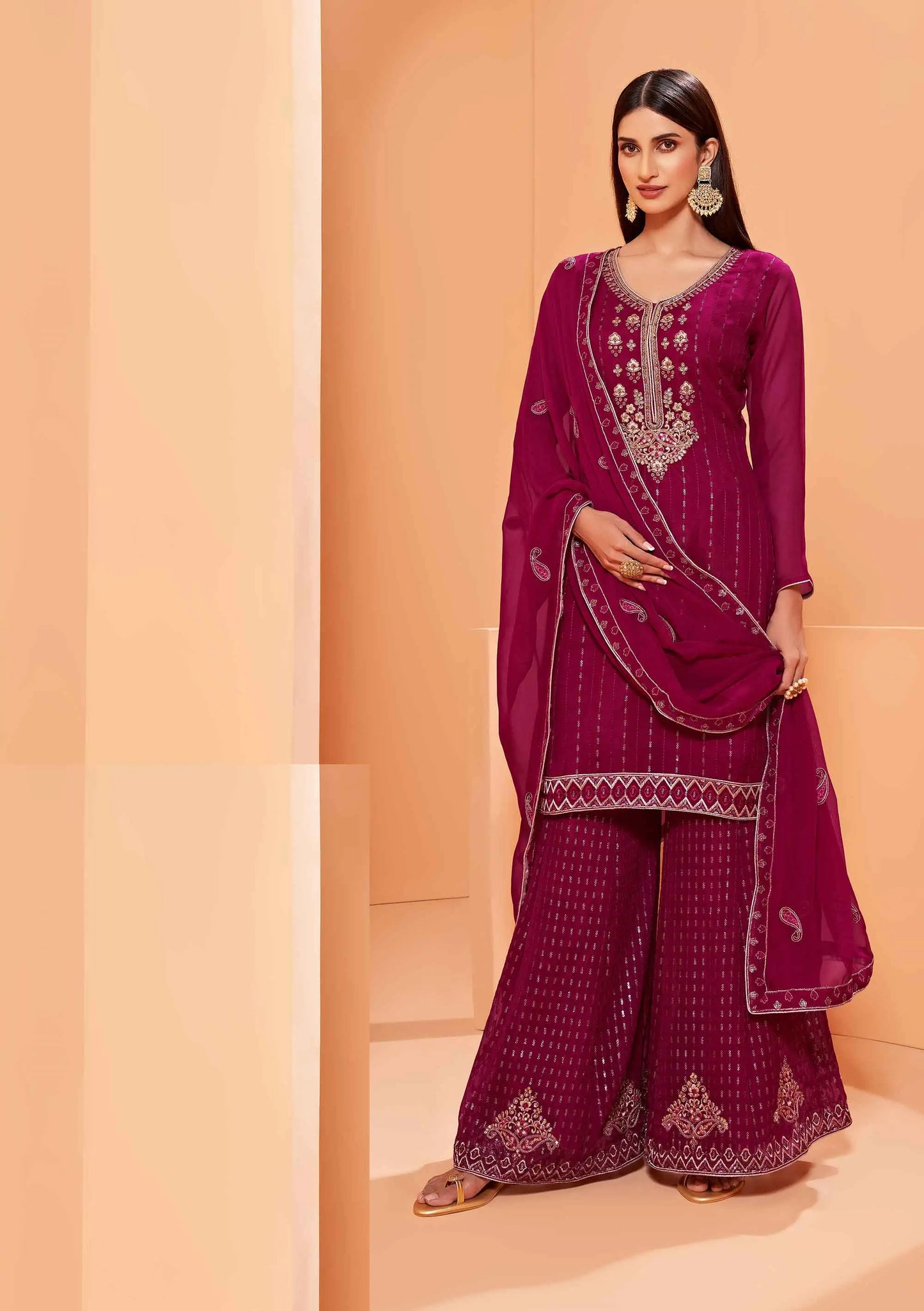 Magenta Sequins Embroidery Work Georgette Sharara Set With Dupatta
