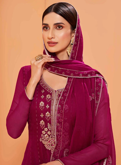 Magenta Sequins Embroidery Work Georgette Sharara Set With Dupatta