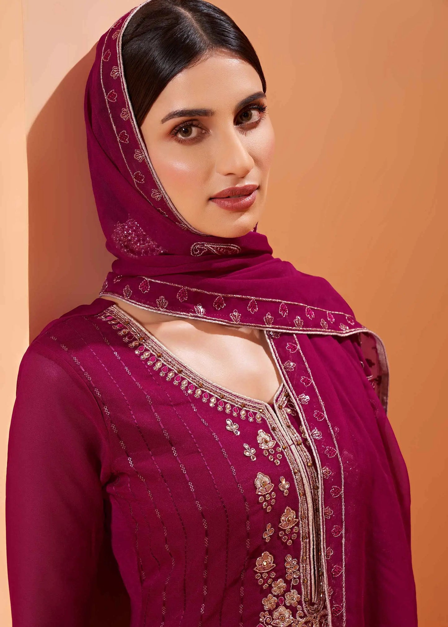 Magenta Sequins Embroidery Work Georgette Sharara Set With Dupatta