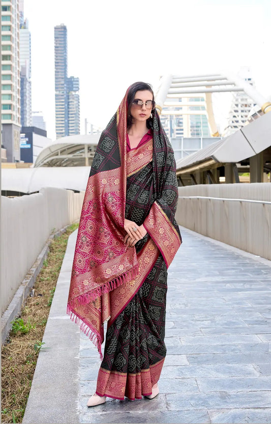 Black Soft Silk Bandhani Weaving Saree