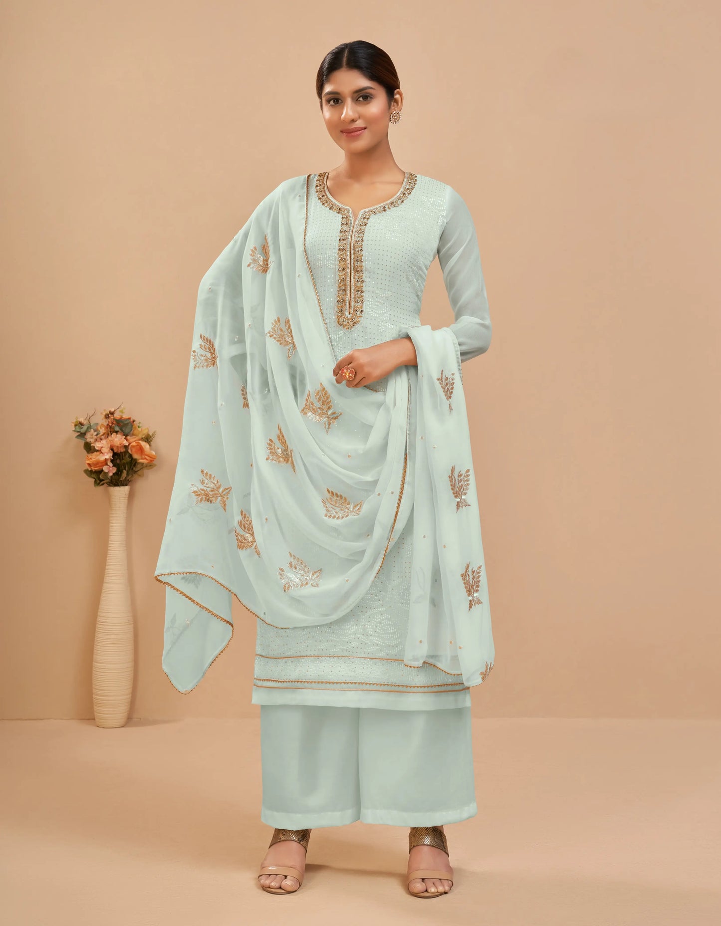 Sky Blue Sequins Embroidery Work Georgette Salwar Suit With Dupatta