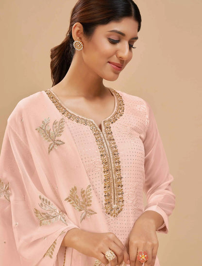 Peach Georgette Sequins Embroidery Work Salwar Suit With Dupatta