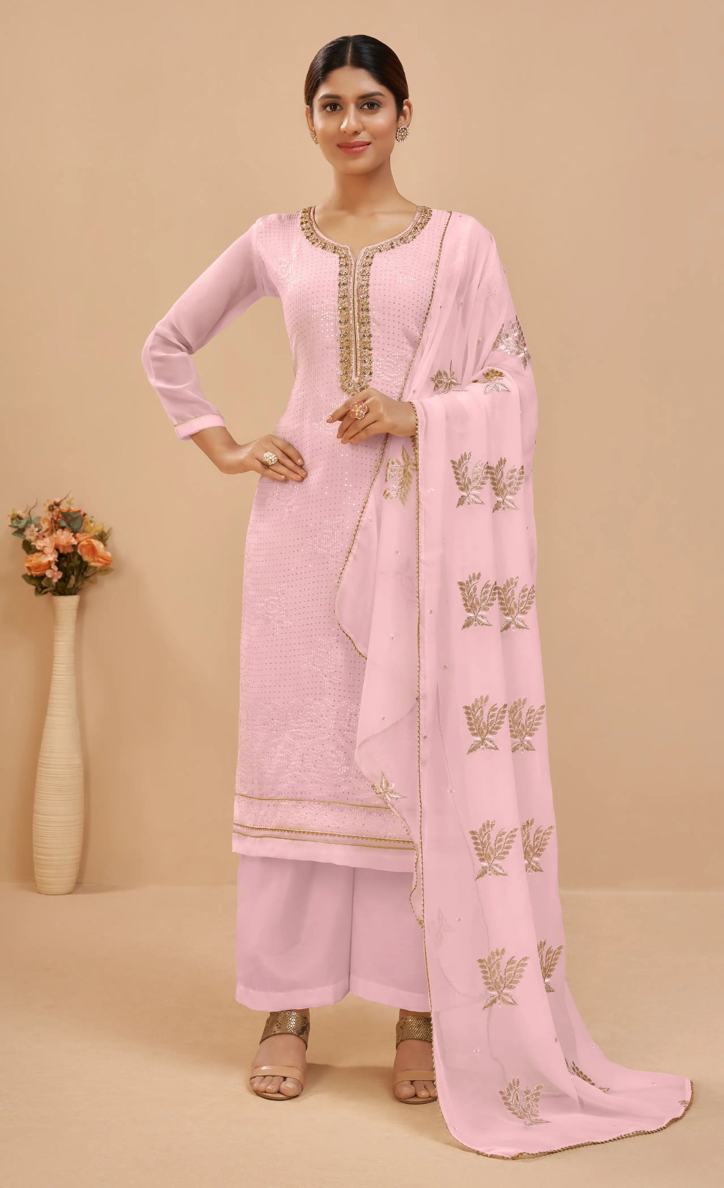 Soft Light Pink Georgette Sequins Embroidery Work Salwar Suit With Dupatta