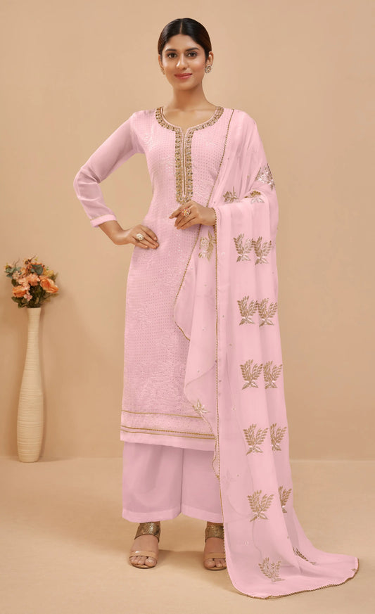 Soft Light Pink Georgette Sequins Embroidery Work Salwar Suit With Dupatta