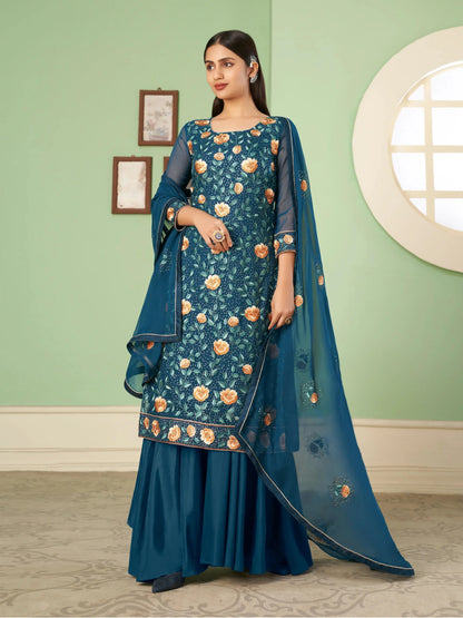 Cerulean Blue Heavy Embroidered Georgette Palazzo Set With Dupatta