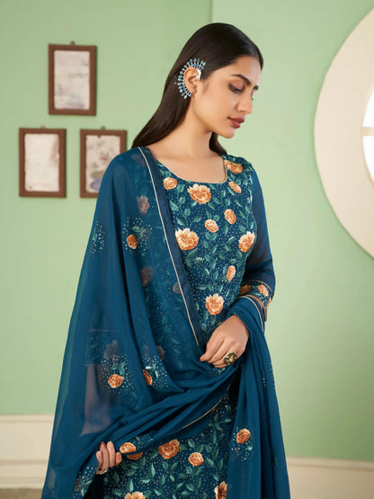 Cerulean Blue Heavy Embroidered Georgette Palazzo Set With Dupatta