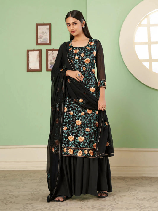 Black Multi Thread Embroidered Georgette Palazzo Set With Dupatta