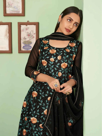 Black Multi Thread Embroidered Georgette Palazzo Set With Dupatta