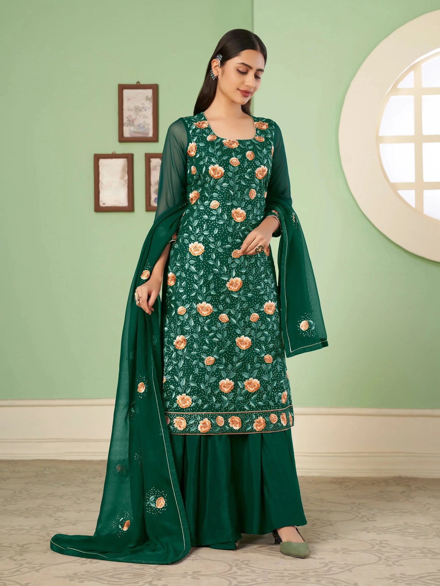 Green Heavy Embroidered Georgette Palazzo Set With Dupatta