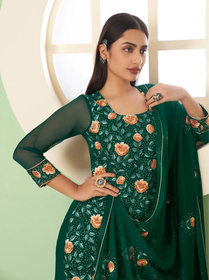 Green Heavy Embroidered Georgette Palazzo Set With Dupatta
