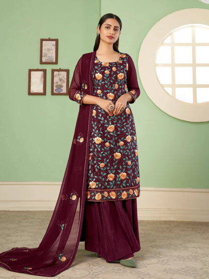 Wine Floral Embroidered Georgette Palazzo Set With Dupatta