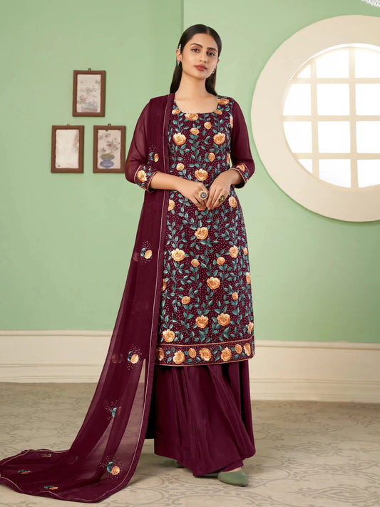 Wine Floral Embroidered Georgette Palazzo Set With Dupatta
