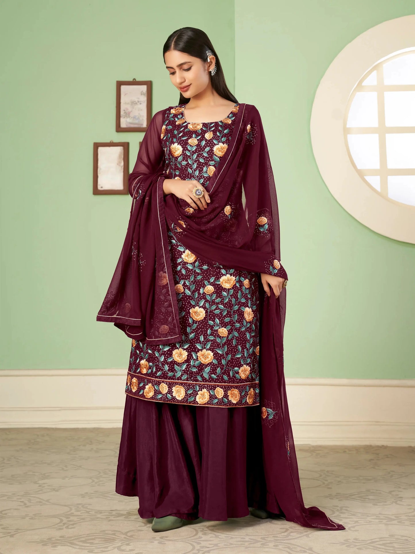 Wine Floral Embroidered Georgette Palazzo Set With Dupatta