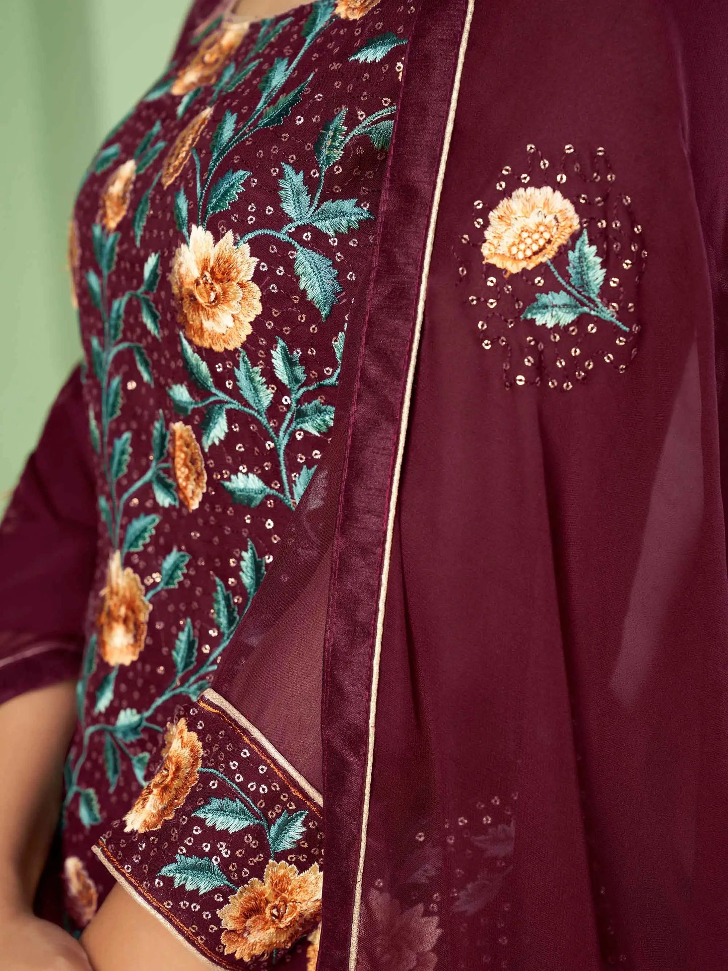 Wine Floral Embroidered Georgette Palazzo Set With Dupatta